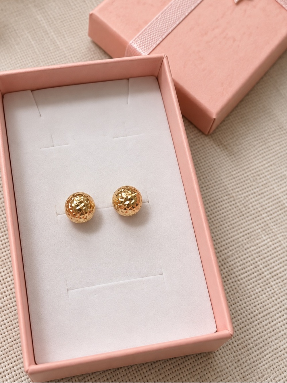 Real 18k Gold Textured Ball Stud Earrings - Women Jewelry